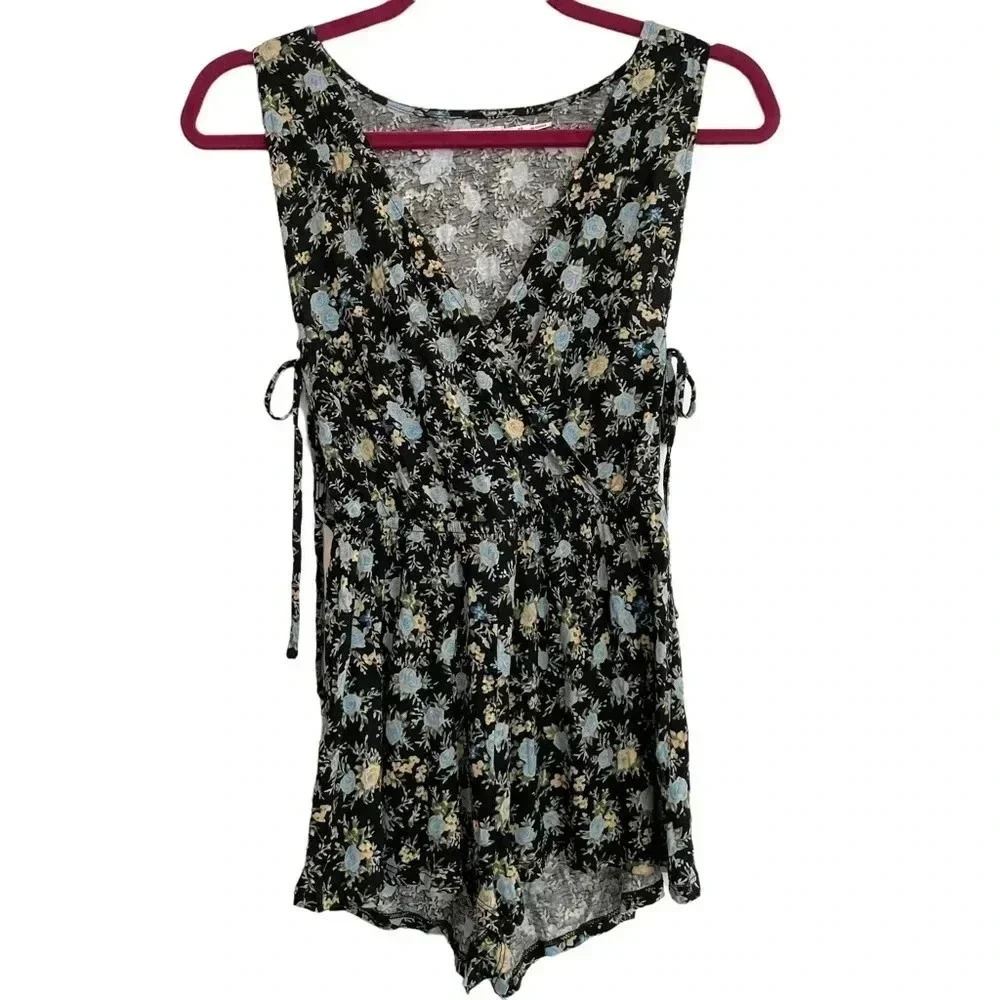 Urban Outfitters Kimchi Blue Black Floral Romper Sleeveless Ties